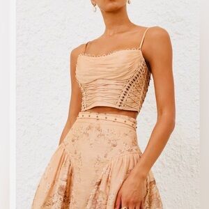 SAN TORINI Elegant Peach Lace-Up Crop Top and Skirt Set